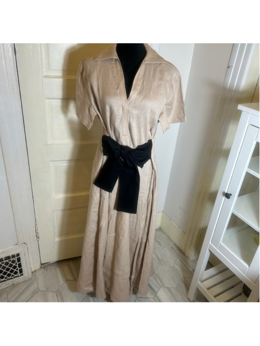 Lora Gene Linen Maxi Dress 12 Beige Black Cotton Bow Belt Minimalist Capule